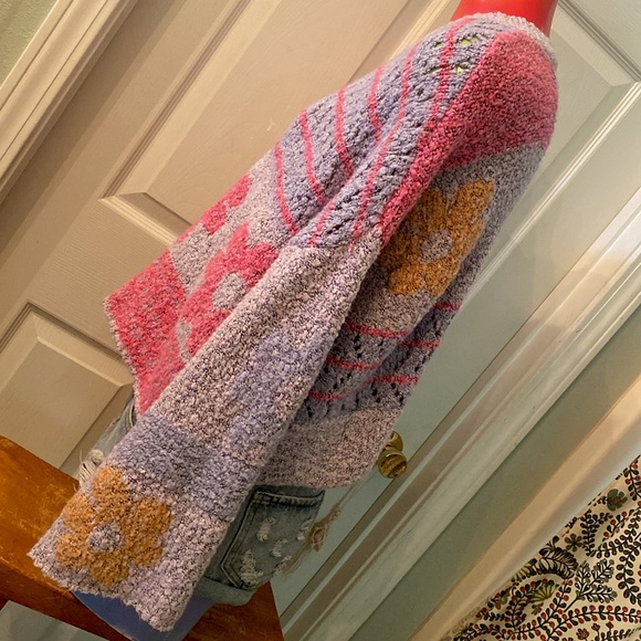 Moon & Madison Artistic Floral Kawaii Cute Purple, Pink, & Orange Sweater - Picture 6 of 14